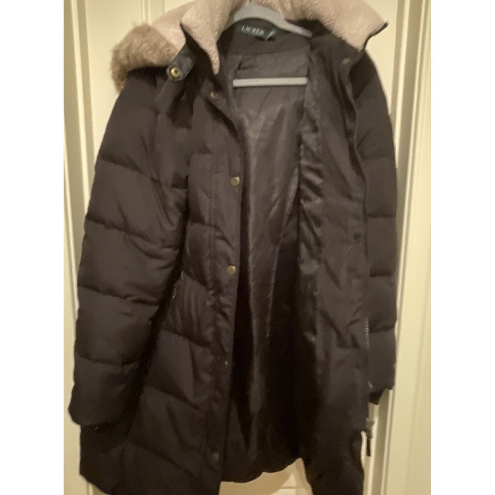 Lauren Ralph Lauren Puffer Coat Women Medium Black Down Faux Fur Hood Parka